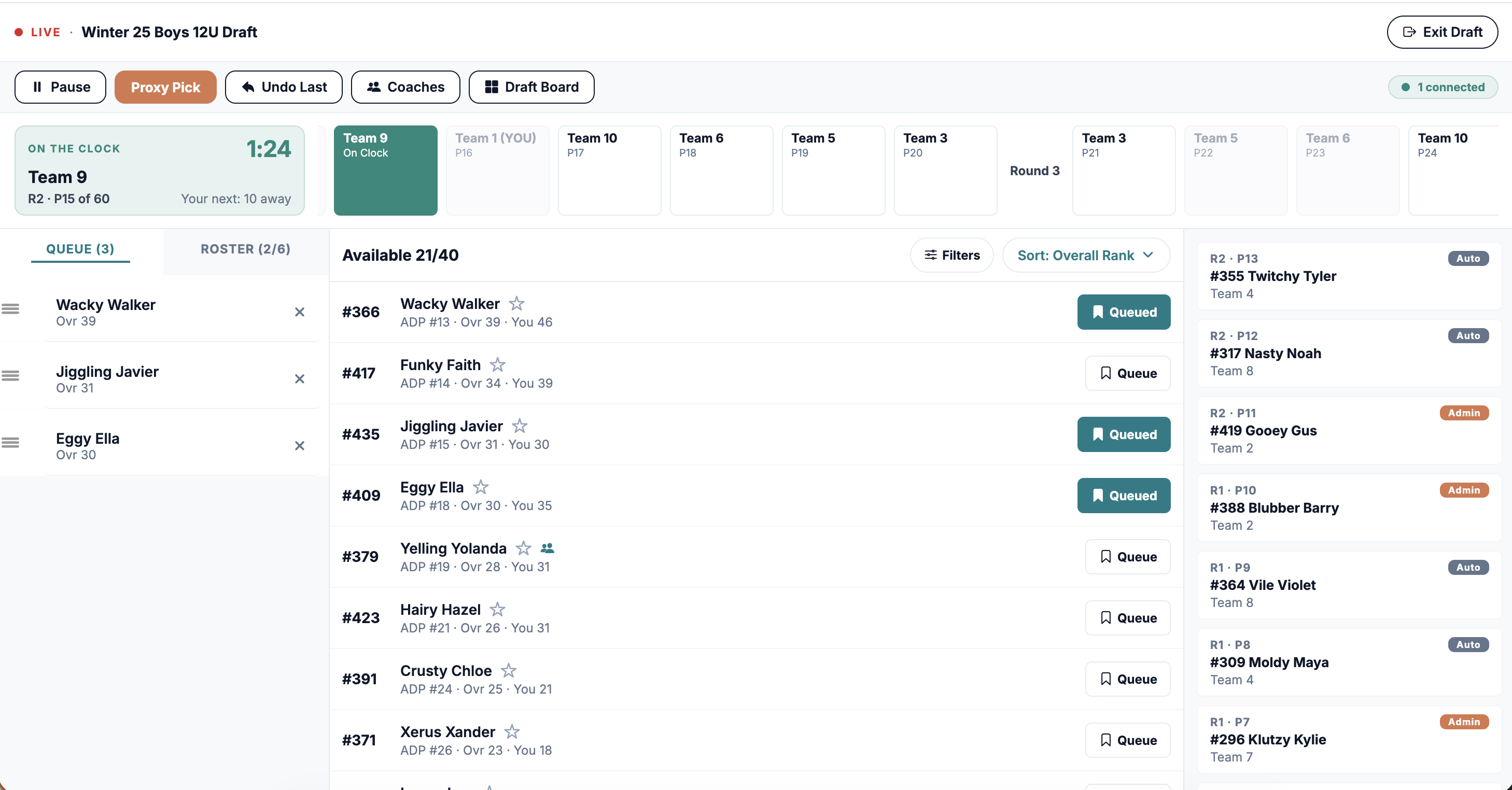 Live draft board with round and pick counters, teams across, and available players panel.